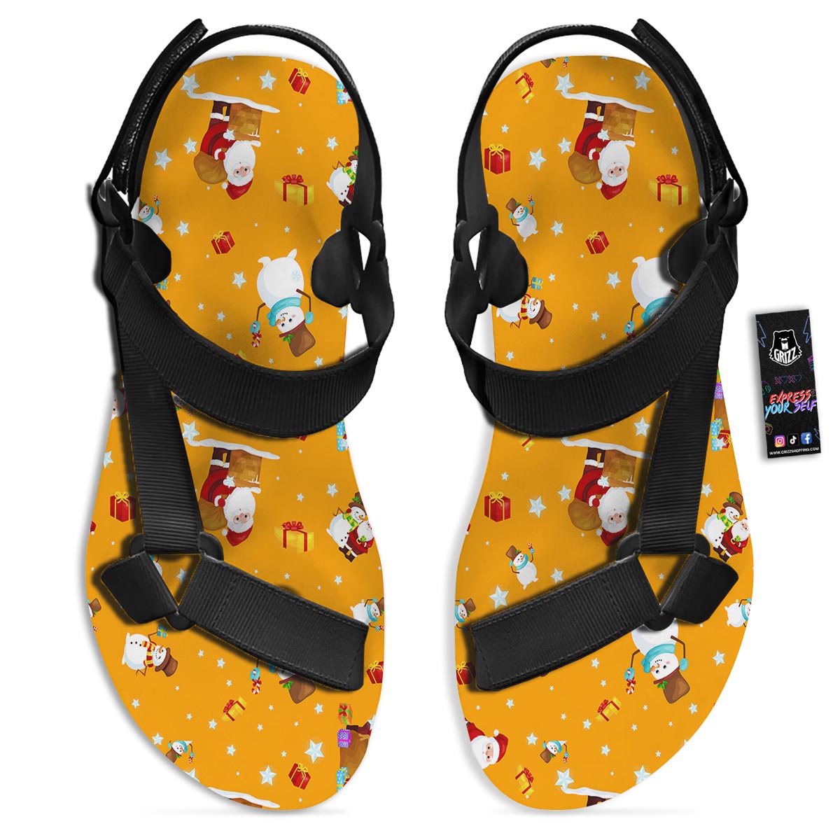 Friends And Santa Claus Print Pattern Black Open Toe Sandals-grizzshop