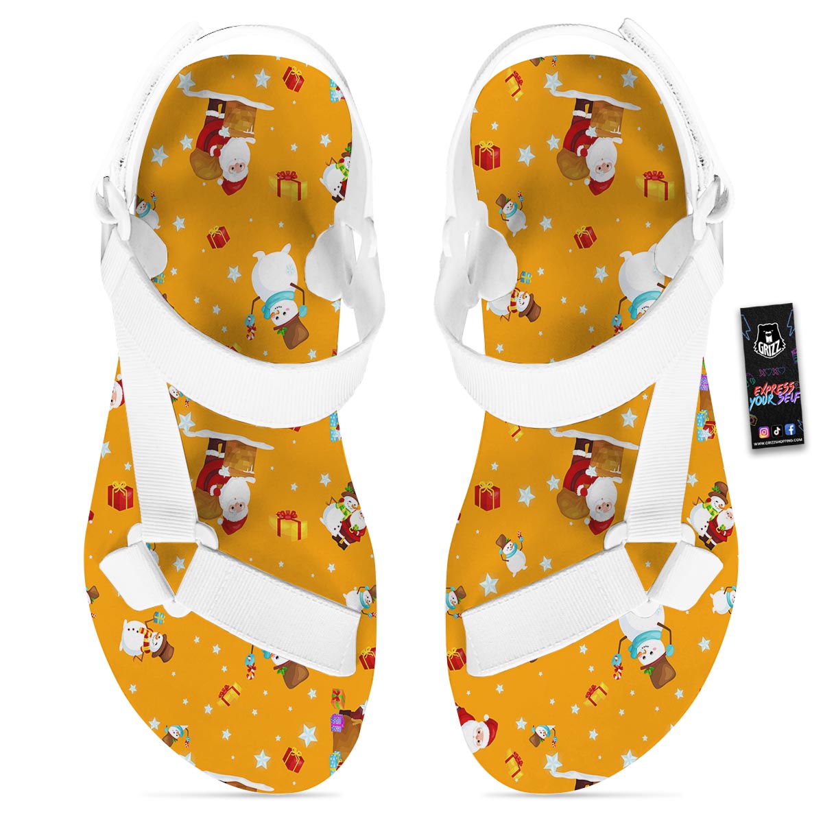 Friends And Santa Claus Print Pattern White Open Toe Sandals-grizzshop