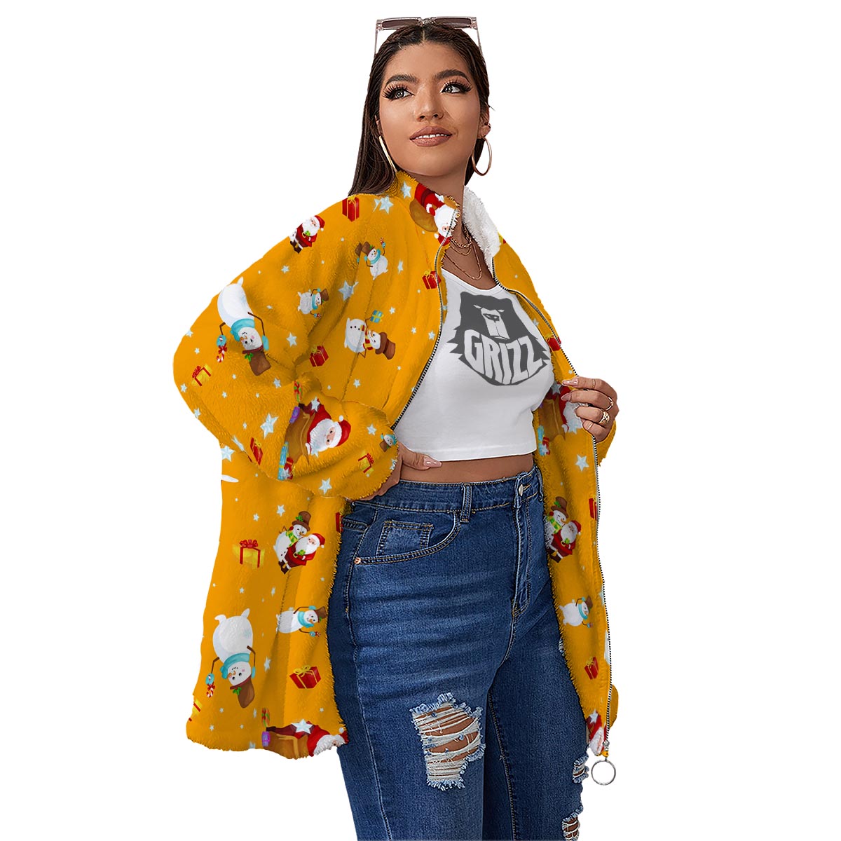 Friends And Santa Claus Print Pattern Women's Sherpa Jacket-grizzshop