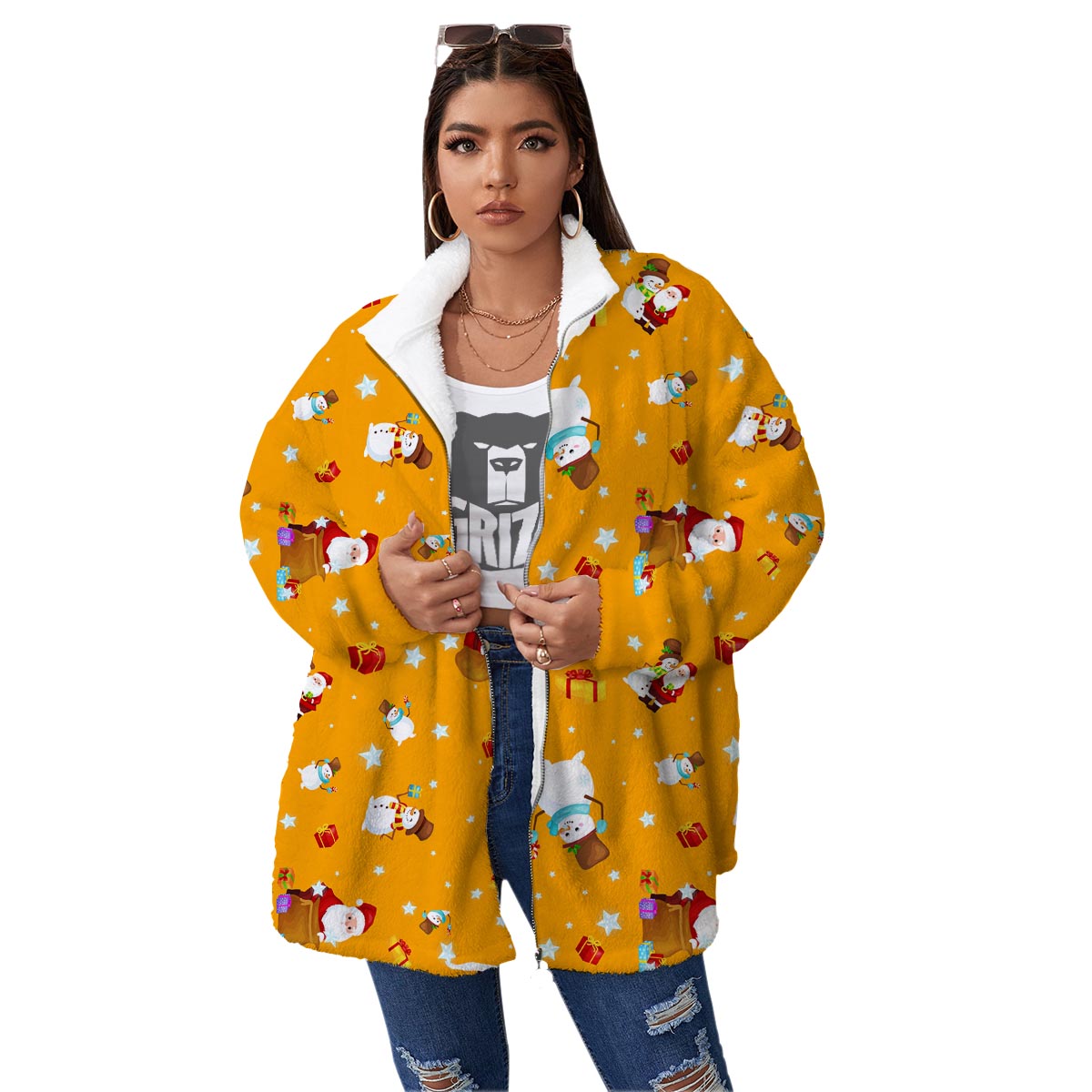 Friends And Santa Claus Print Pattern Women's Sherpa Jacket-grizzshop
