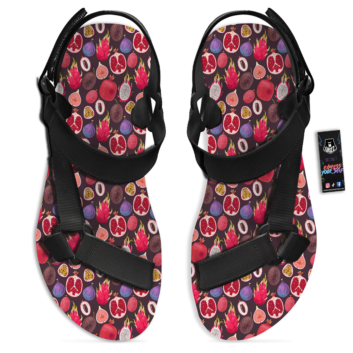 Friut Exotic Print Pattern Black Open Toe Sandals-grizzshop