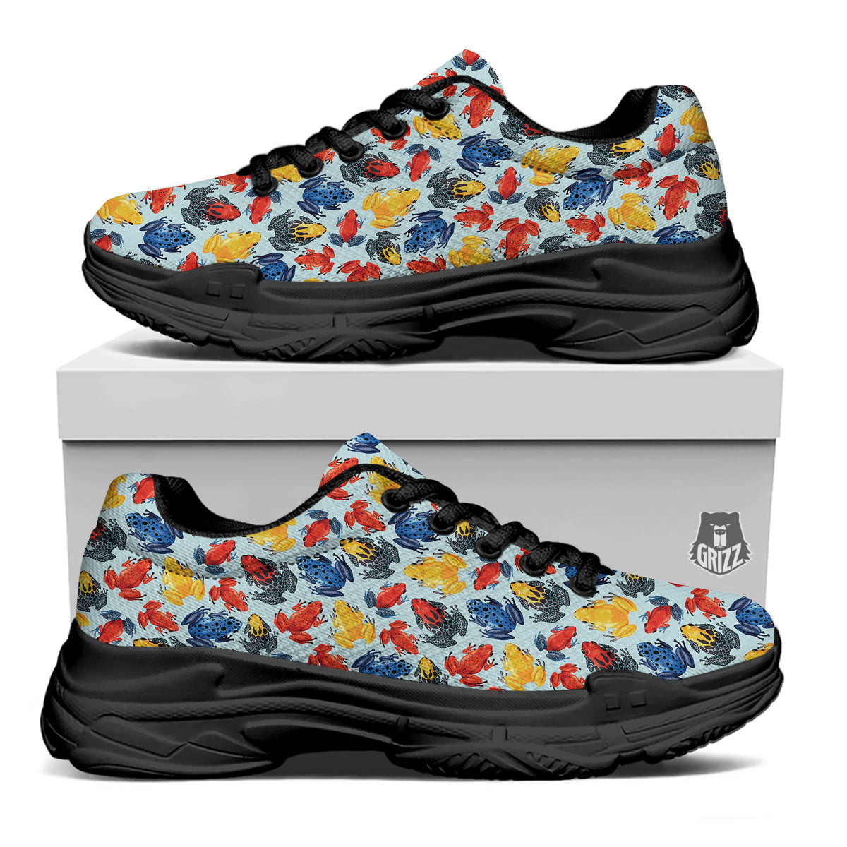 Frog Colorful Print Pattern Black Chunky Shoes-grizzshop