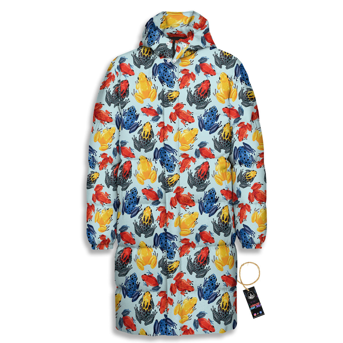 Frog Colorful Print Pattern Long Down Jacket-grizzshop