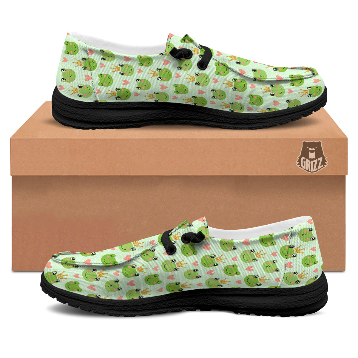Frog Cute Print Pattern Black Loafers-grizzshop