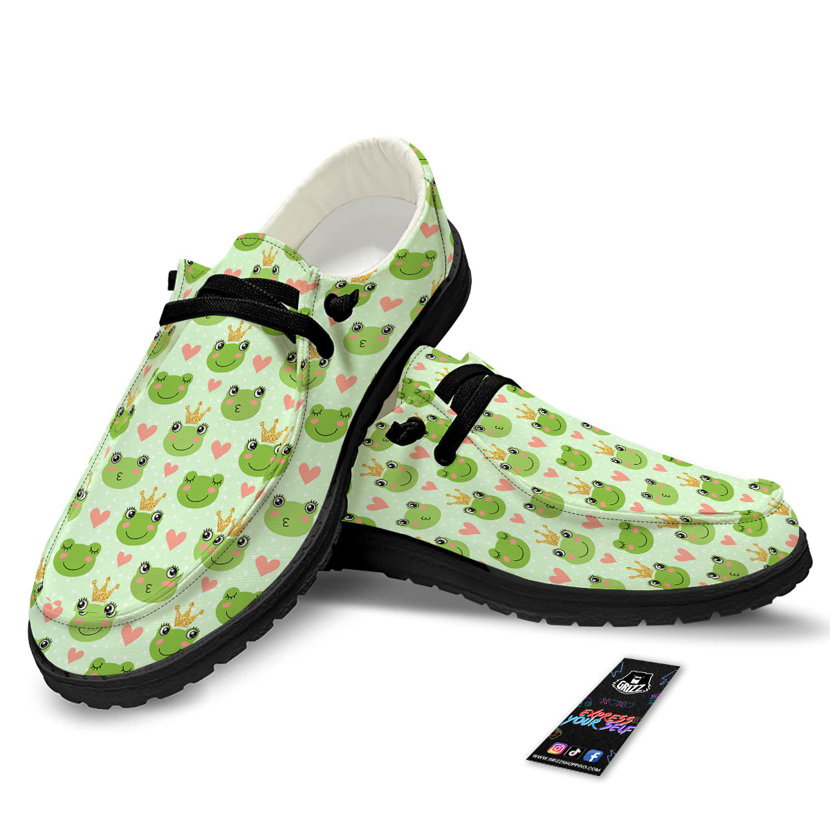 Frog Cute Print Pattern Black Loafers-grizzshop