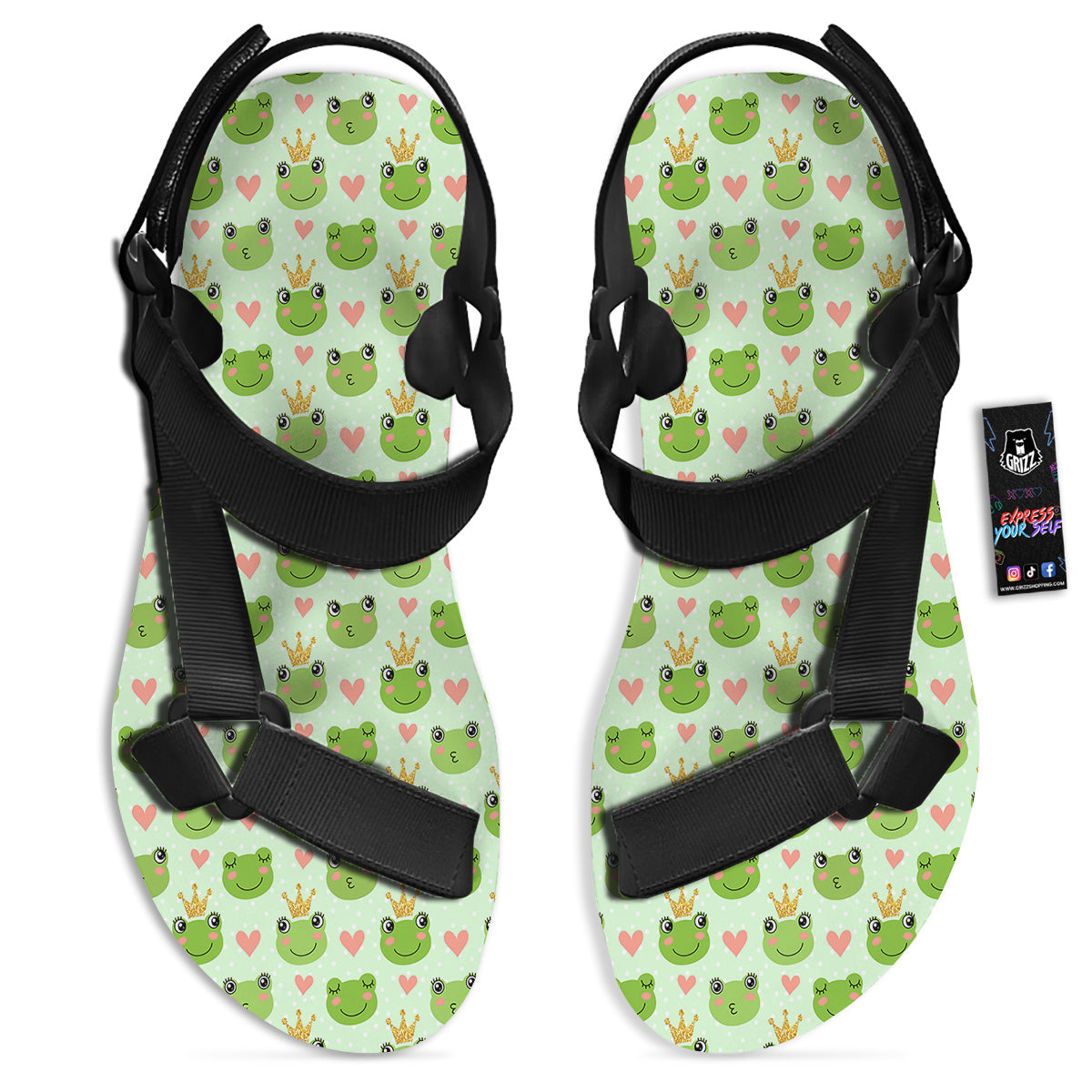 Frog Cute Print Pattern Black Open Toe Sandals-grizzshop