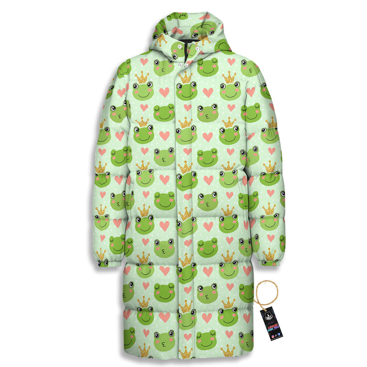 Frog Cute Print Pattern Long Down Jacket-grizzshop
