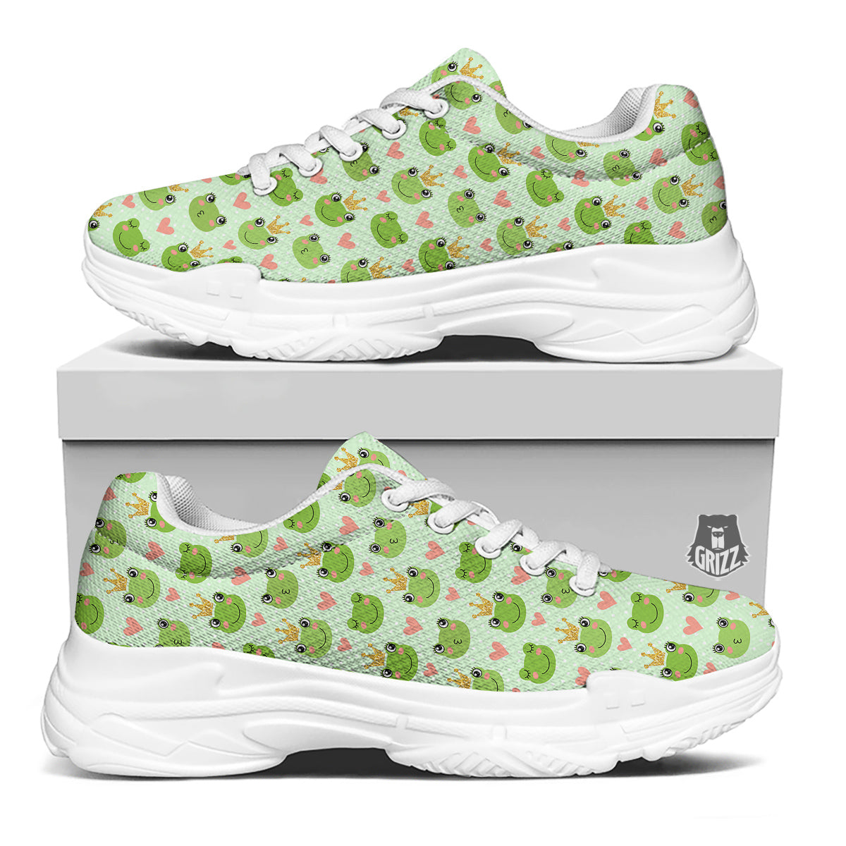 Frog Cute Print Pattern White Chunky Shoes-grizzshop