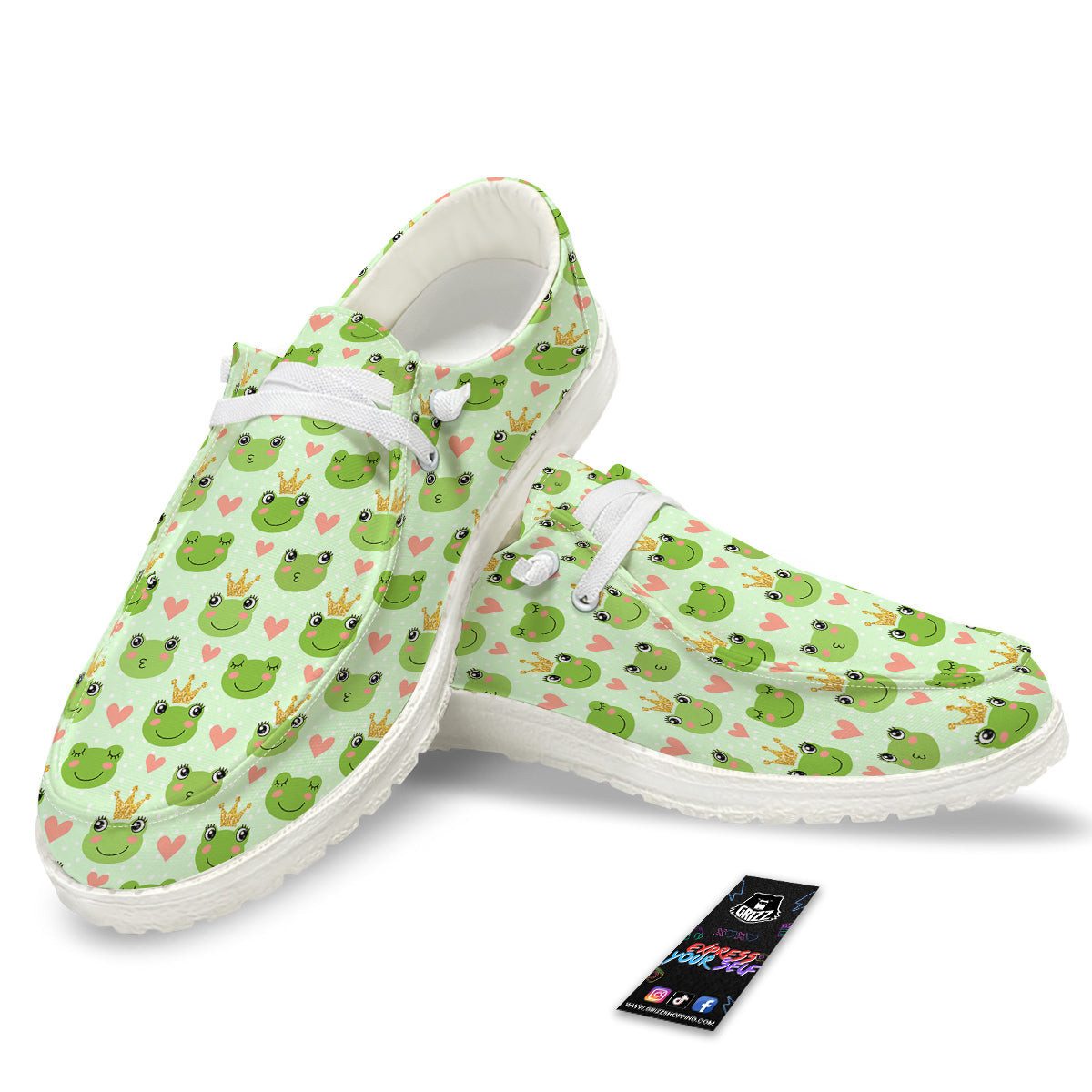 Frog Cute Print Pattern White Loafers-grizzshop
