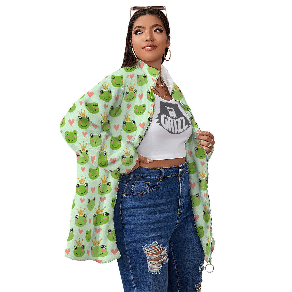 Frog Cute Print Pattern Women's Sherpa Jacket-grizzshop