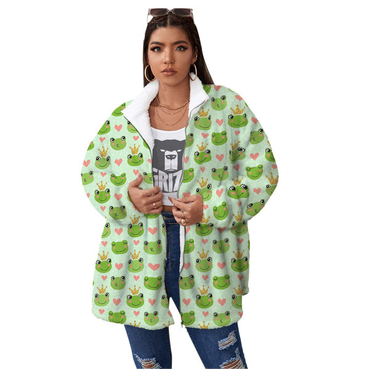 Frog Cute Print Pattern Women's Sherpa Jacket-grizzshop