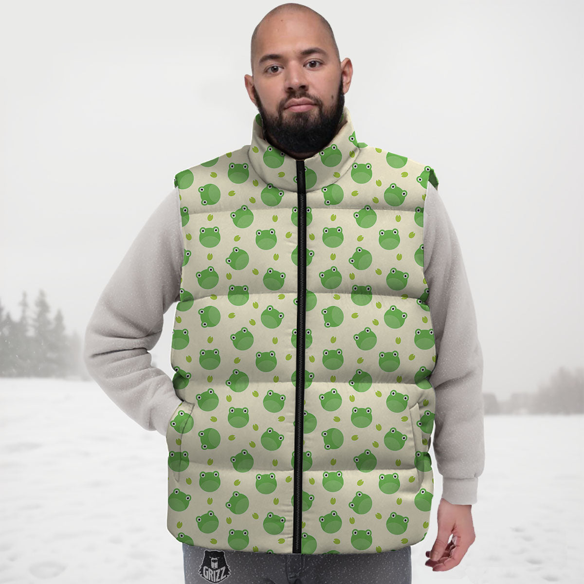 Frog Faces Print Pattern Down Vest-grizzshop