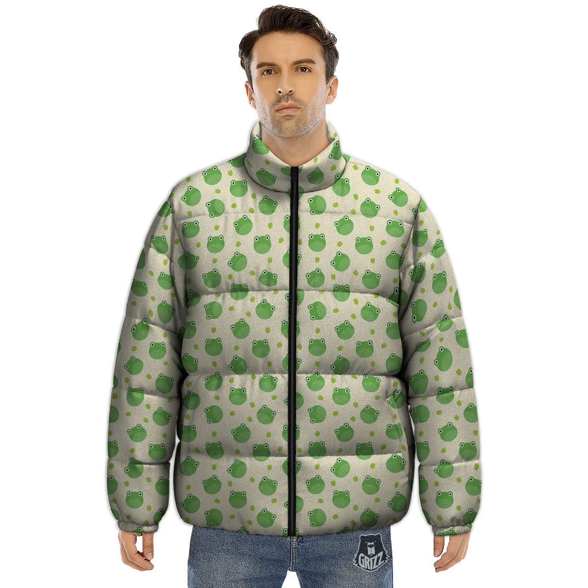 Frog Faces Print Pattern Puffer Jacket-grizzshop