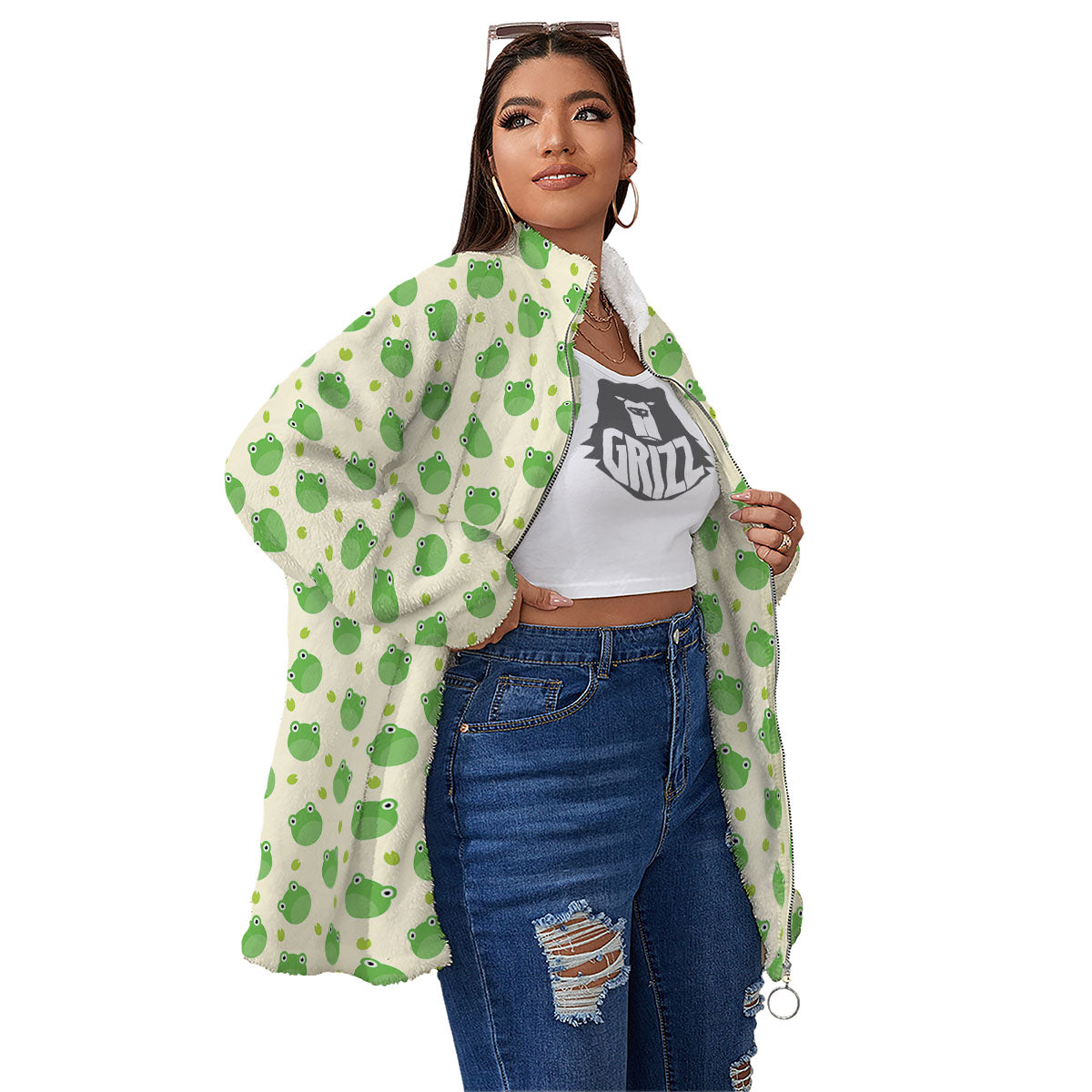 Frog Faces Print Pattern Women's Sherpa Jacket-grizzshop