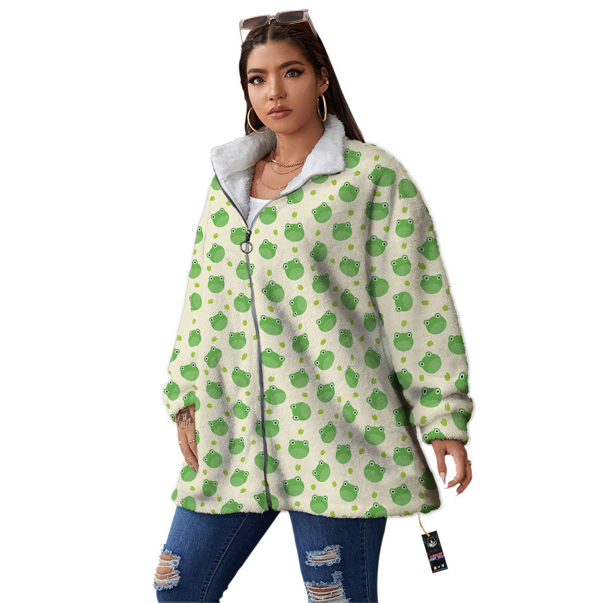 Frog Faces Print Pattern Women's Sherpa Jacket-grizzshop