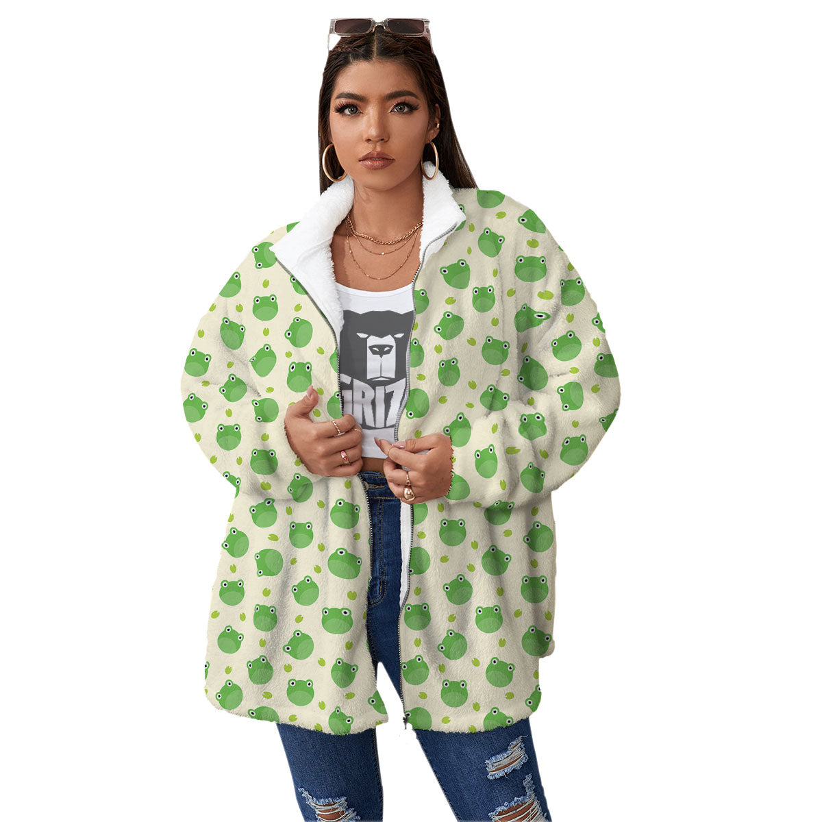 Frog Faces Print Pattern Women's Sherpa Jacket-grizzshop