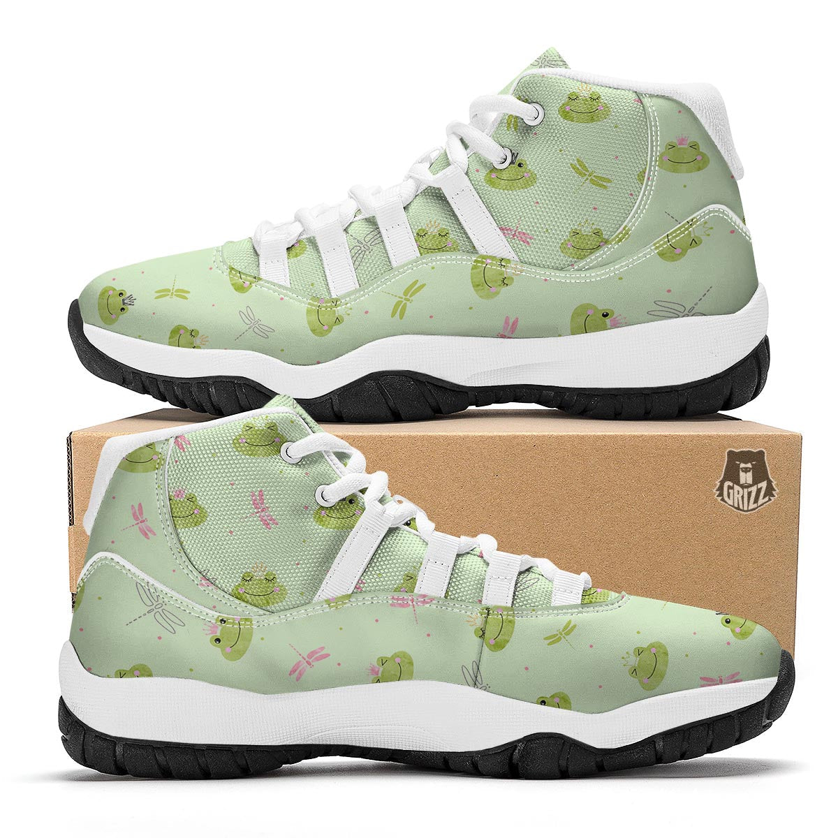 Frog Prince Crown Pattern Print White Bball Shoes-grizzshop
