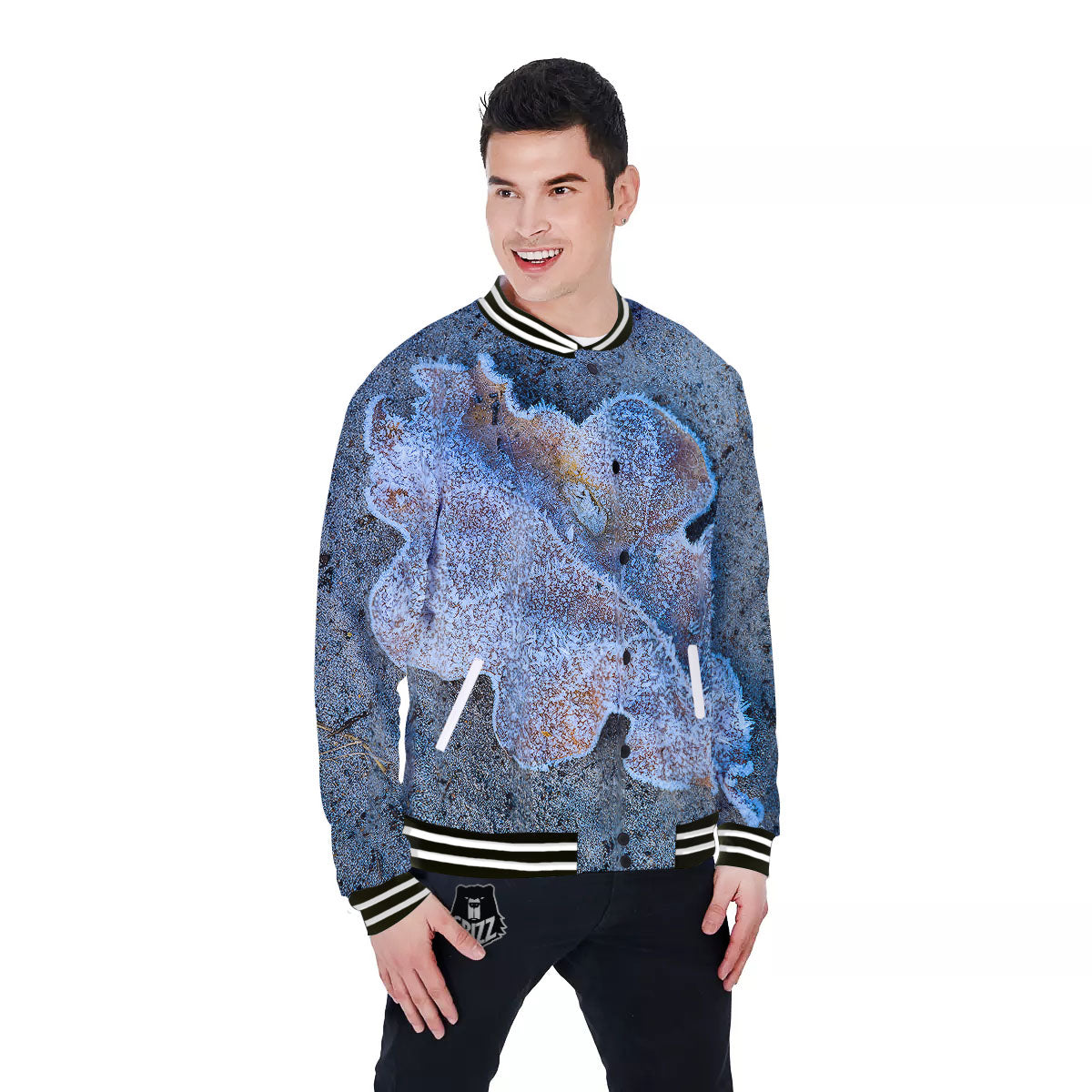 Frozen Leaf Oak Print Baseball Jacket-grizzshop