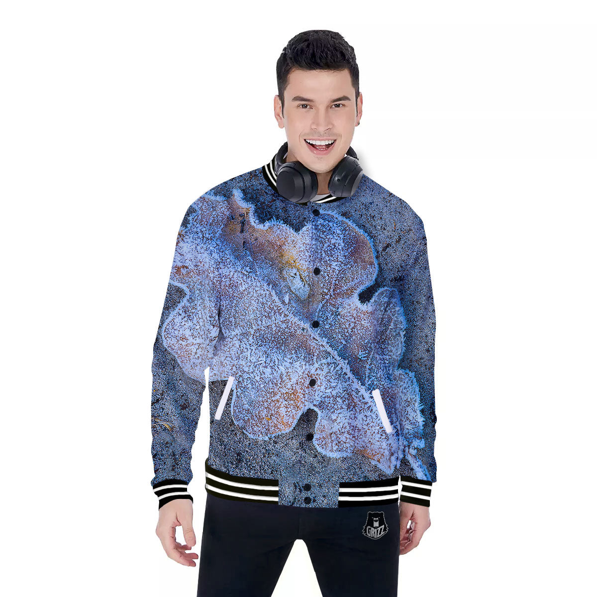Frozen Leaf Oak Print Baseball Jacket-grizzshop