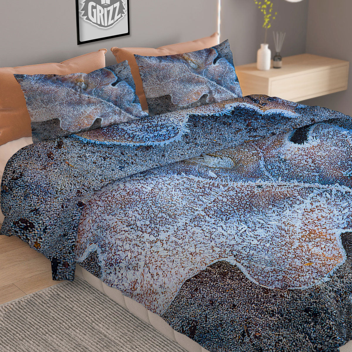 Frozen Leaf Oak Print Duvet Cover Bedding Set
