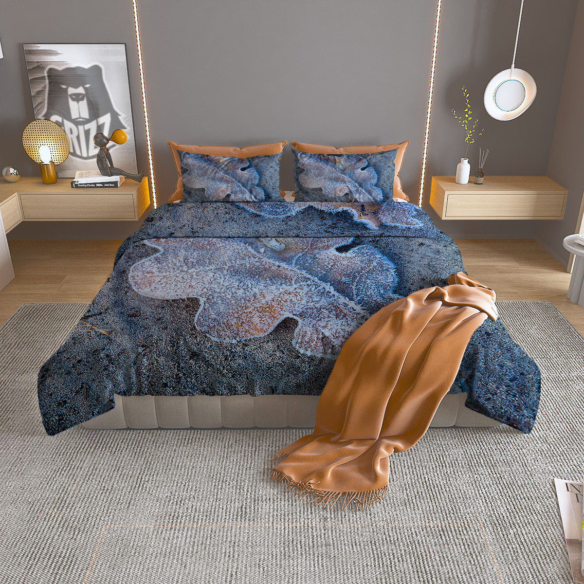 Frozen Leaf Oak Print Duvet Cover Bedding Set