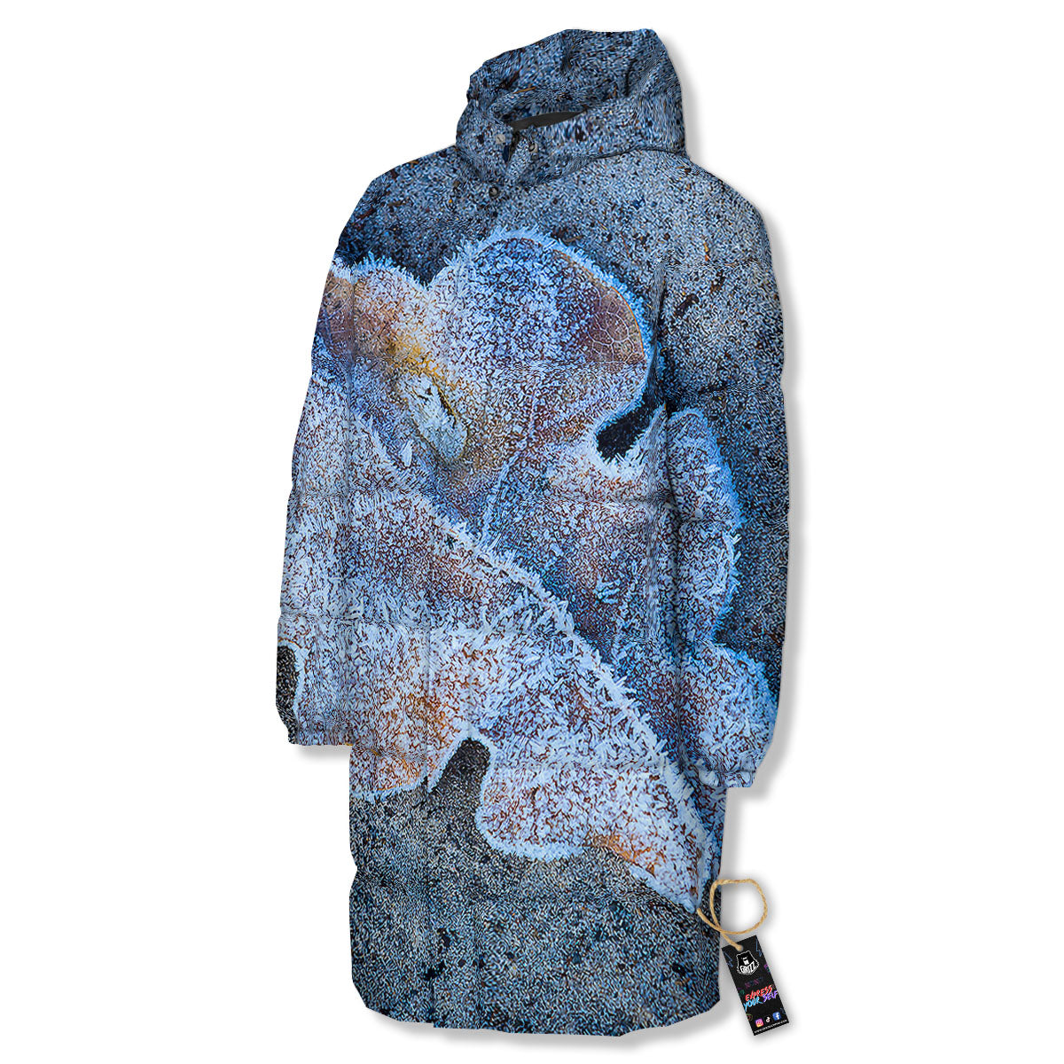 Frozen Leaf Oak Print Long Down Jacket-grizzshop