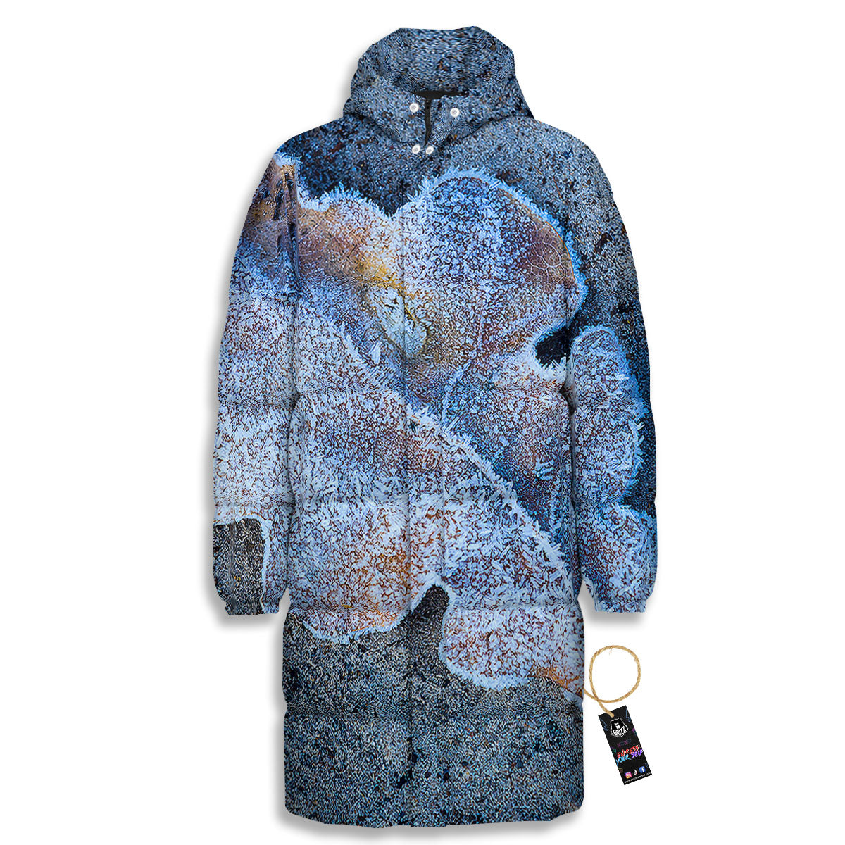 Frozen Leaf Oak Print Long Down Jacket-grizzshop