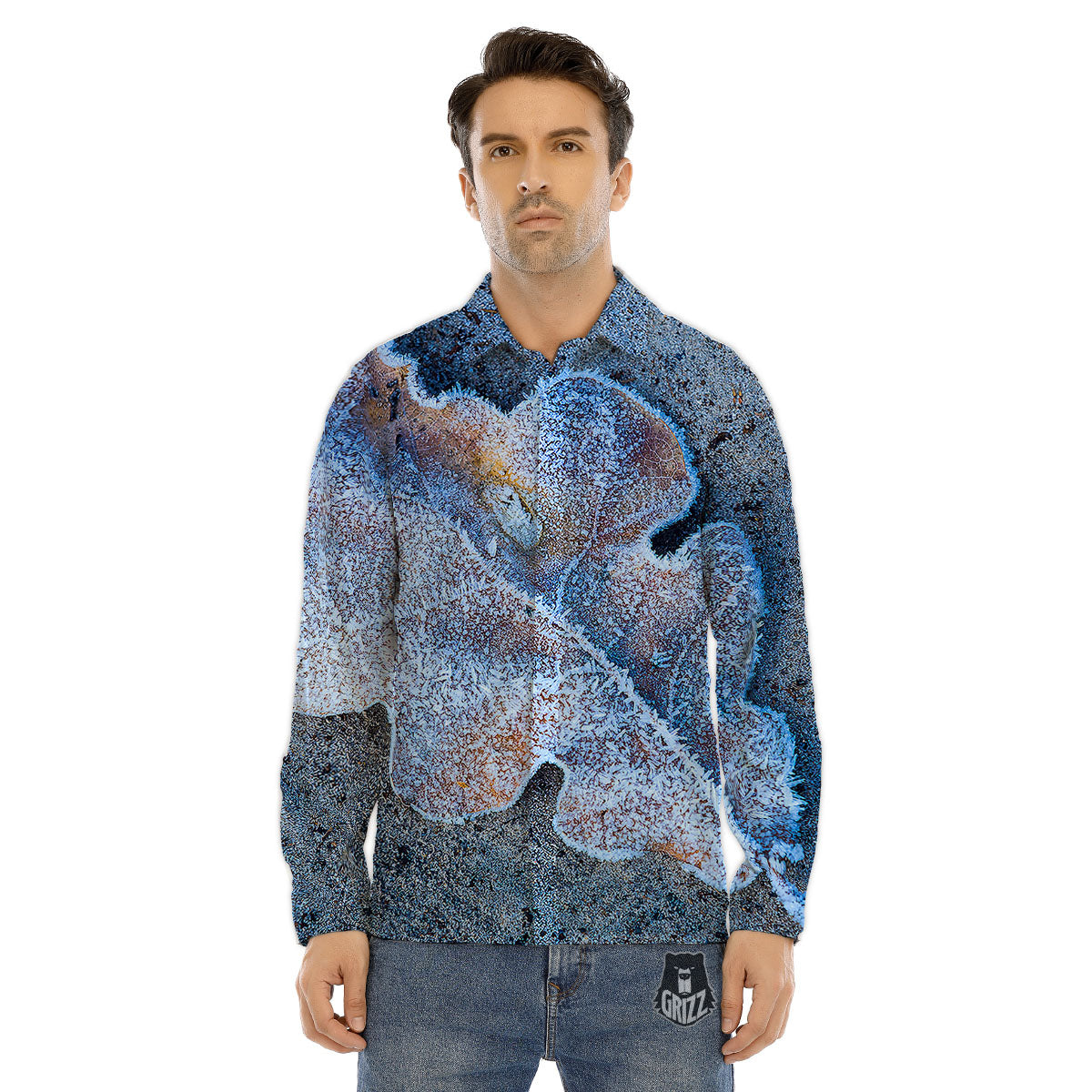 Frozen Leaf Oak Print Men's Dress Shirts-grizzshop