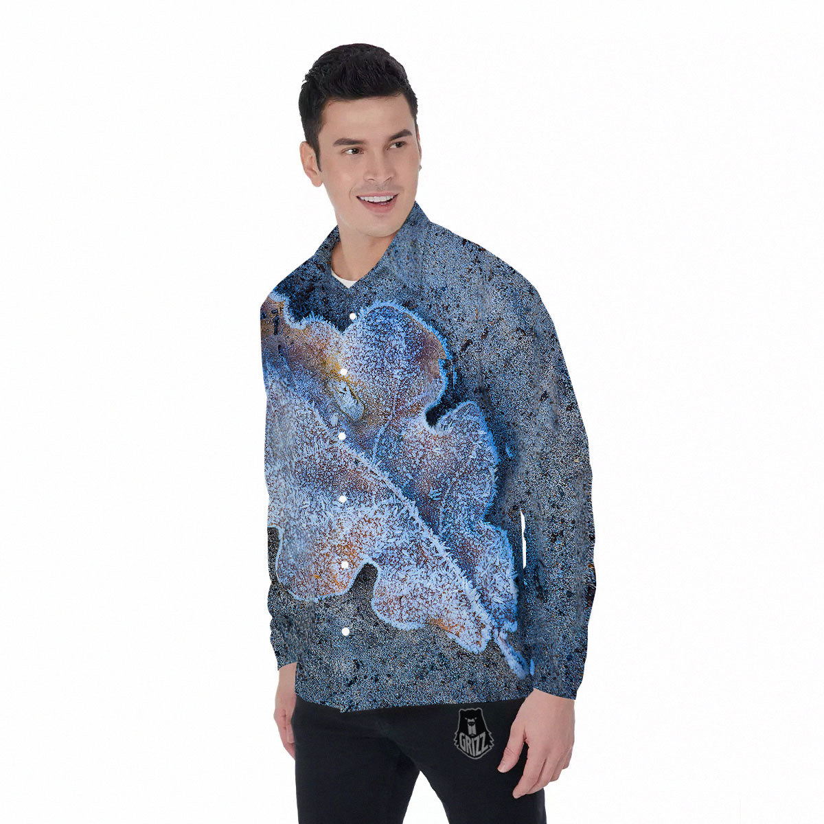 Frozen Leaf Oak Print Men's Long Sleeve Shirts-grizzshop