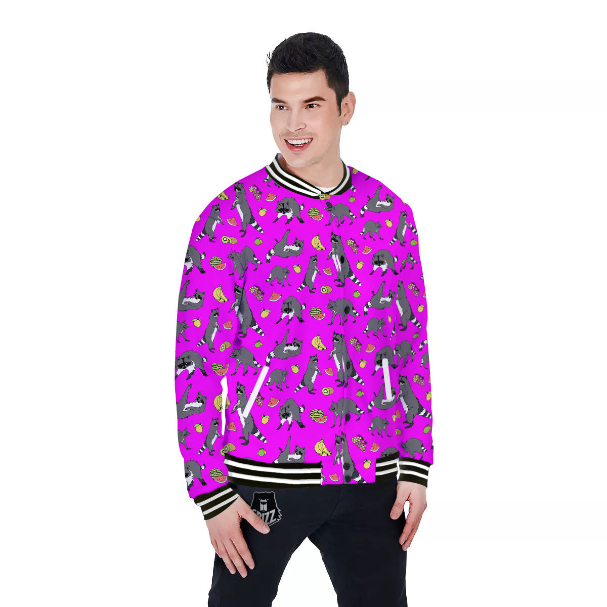 Fruit And Raccoon Print Pattern Baseball Jacket-grizzshop