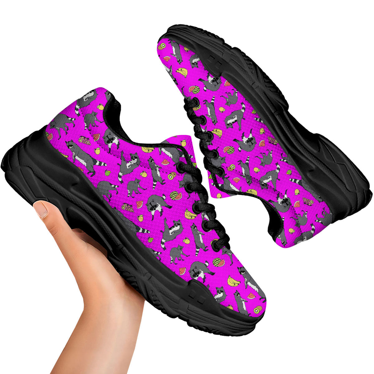 Fruit And Raccoon Print Pattern Black Chunky Shoes-grizzshop