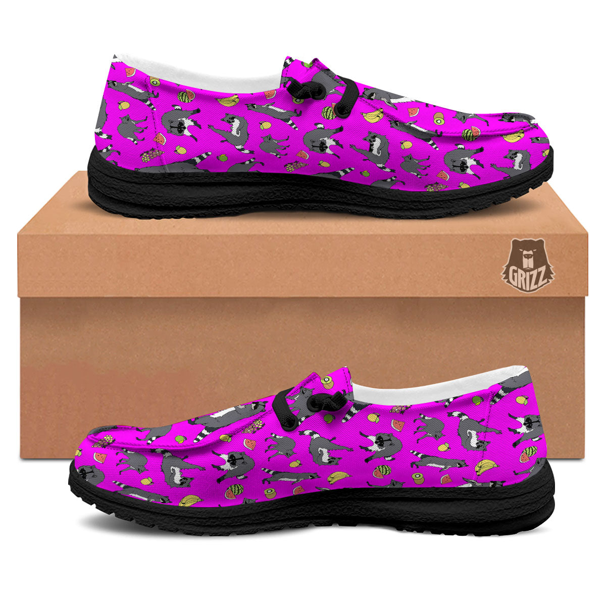 Fruit And Raccoon Print Pattern Black Loafers-grizzshop