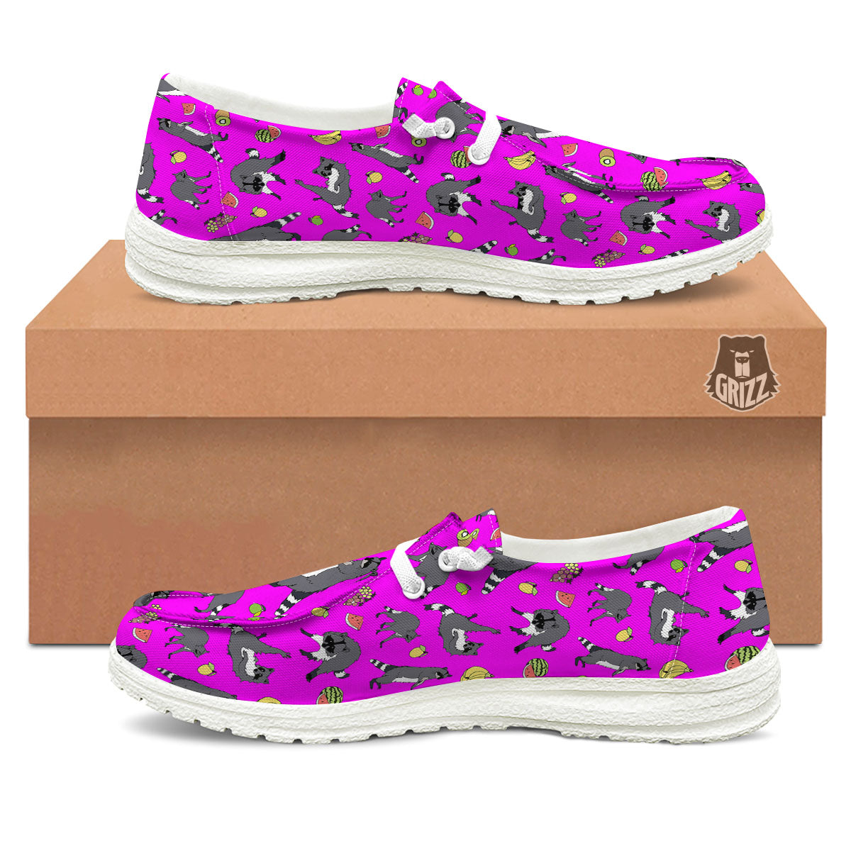 Fruit And Raccoon Print Pattern Black Loafers-grizzshop
