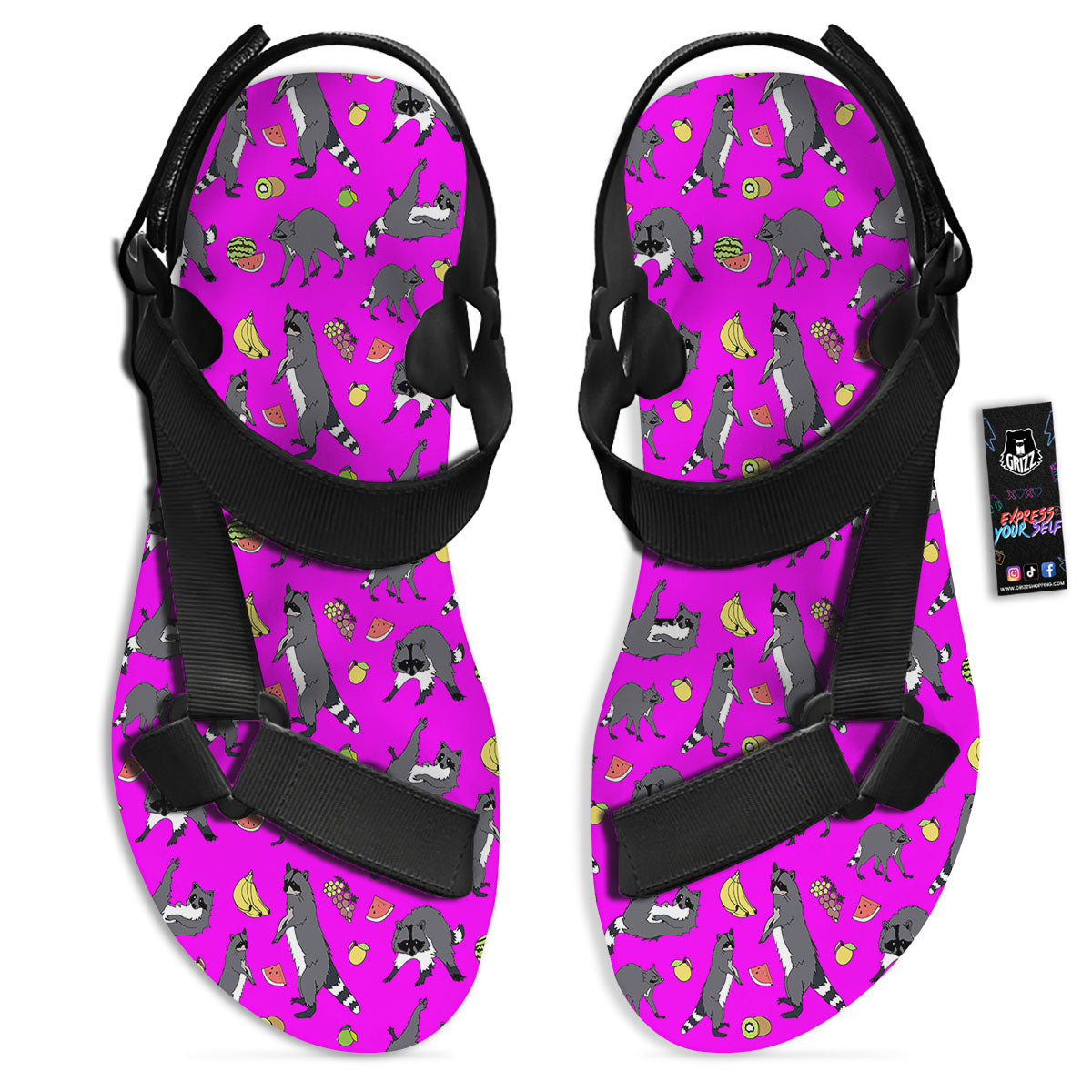 Fruit And Raccoon Print Pattern Black Open Toe Sandals-grizzshop