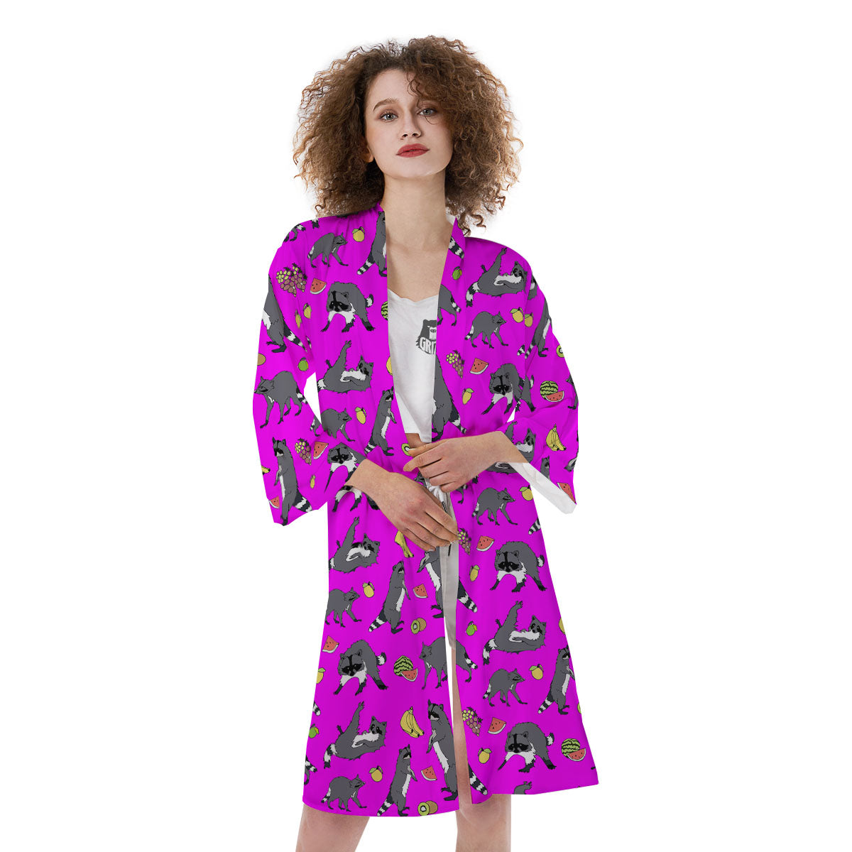 Fruit And Raccoon Print Pattern Kimono-grizzshop