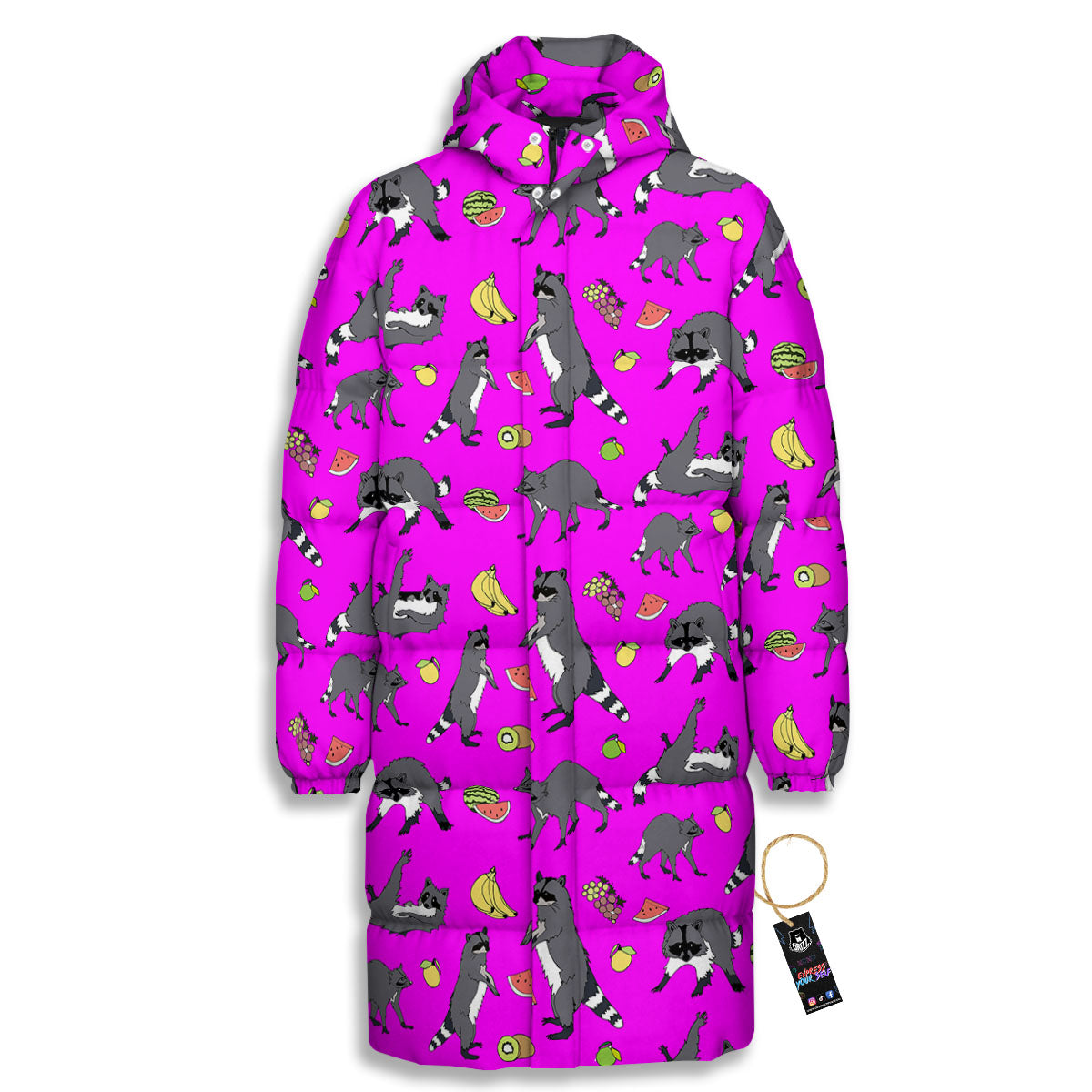 Fruit And Raccoon Print Pattern Long Down Jacket-grizzshop