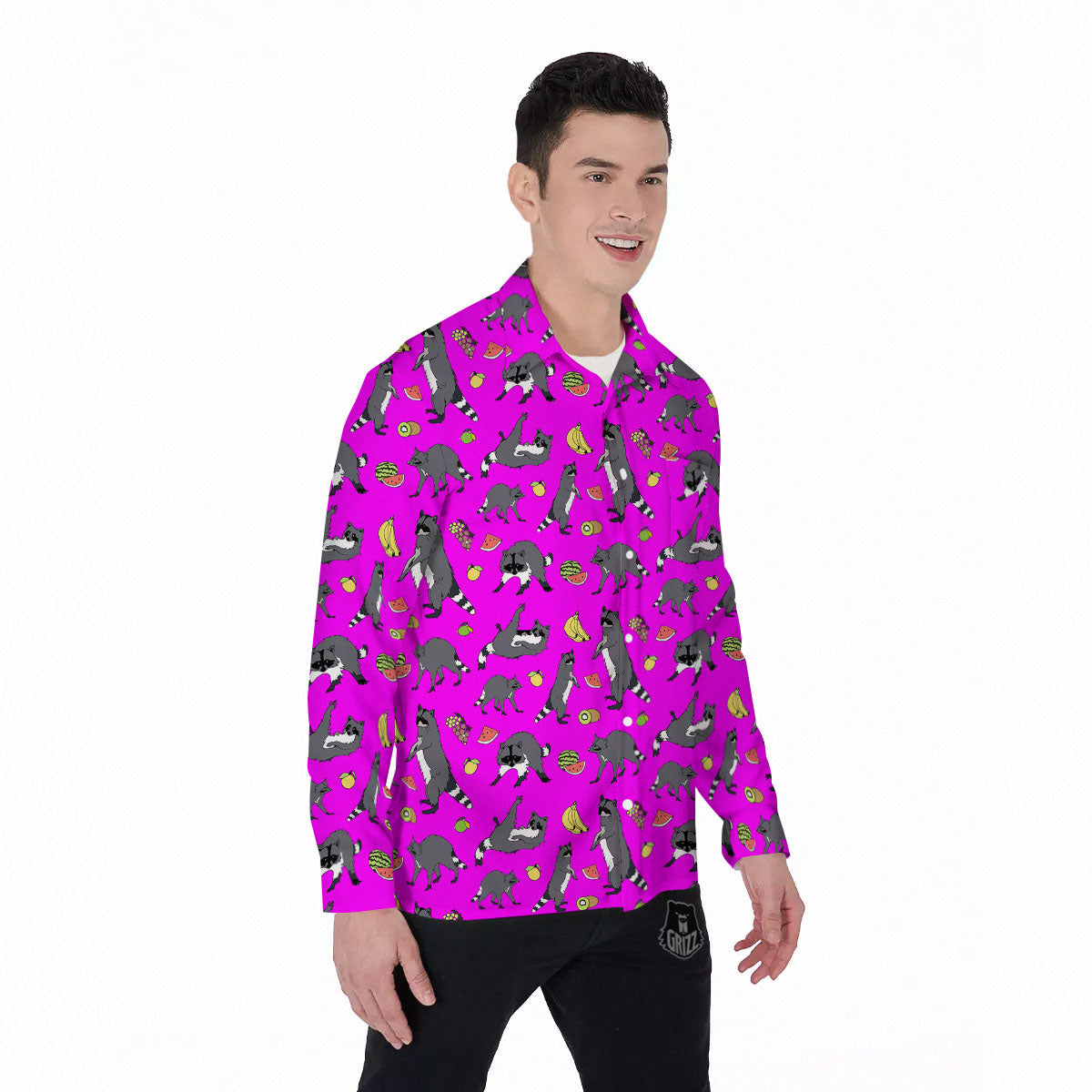 Fruit And Raccoon Print Pattern Men's Long Sleeve Shirts-grizzshop