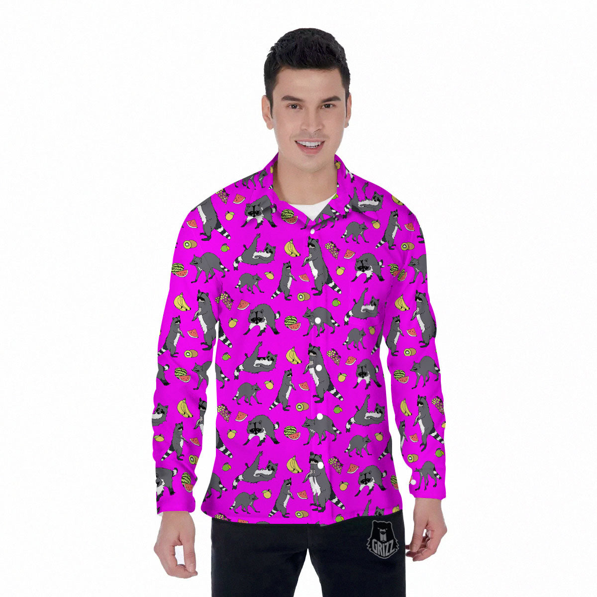 Fruit And Raccoon Print Pattern Men's Long Sleeve Shirts-grizzshop