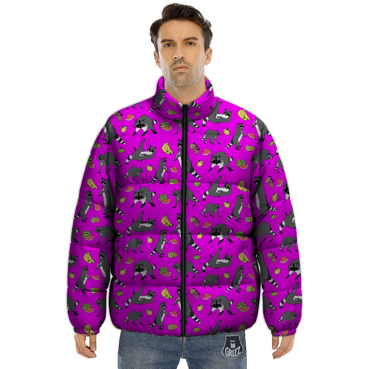 Fruit And Raccoon Print Pattern Puffer Jacket-grizzshop