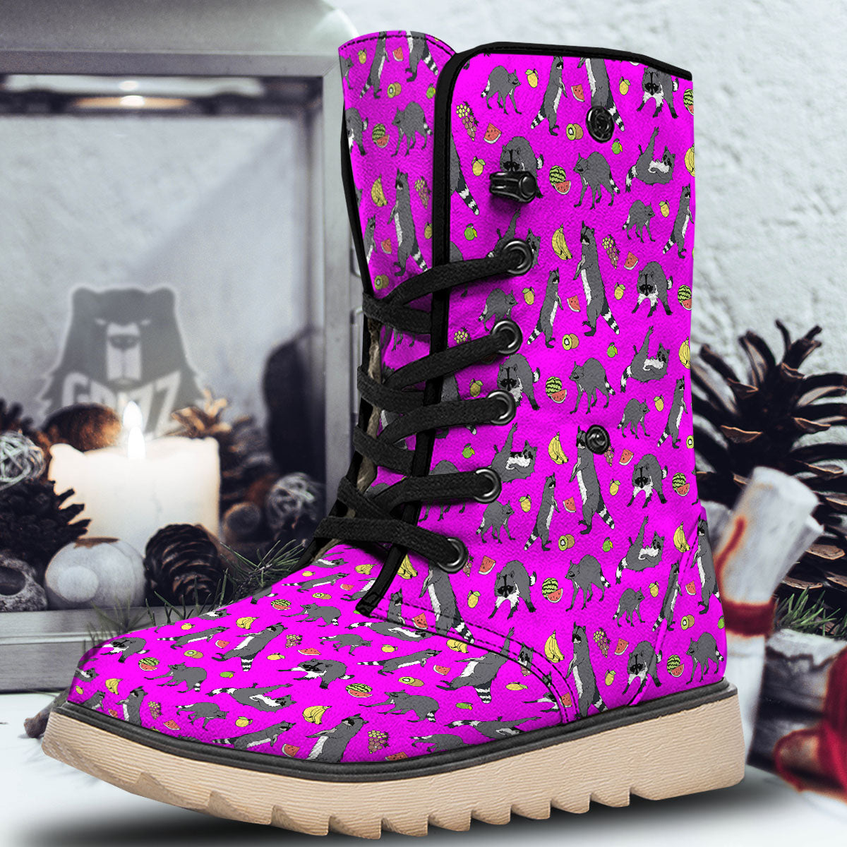 Fruit And Raccoon Print Pattern Snow Boots-grizzshop