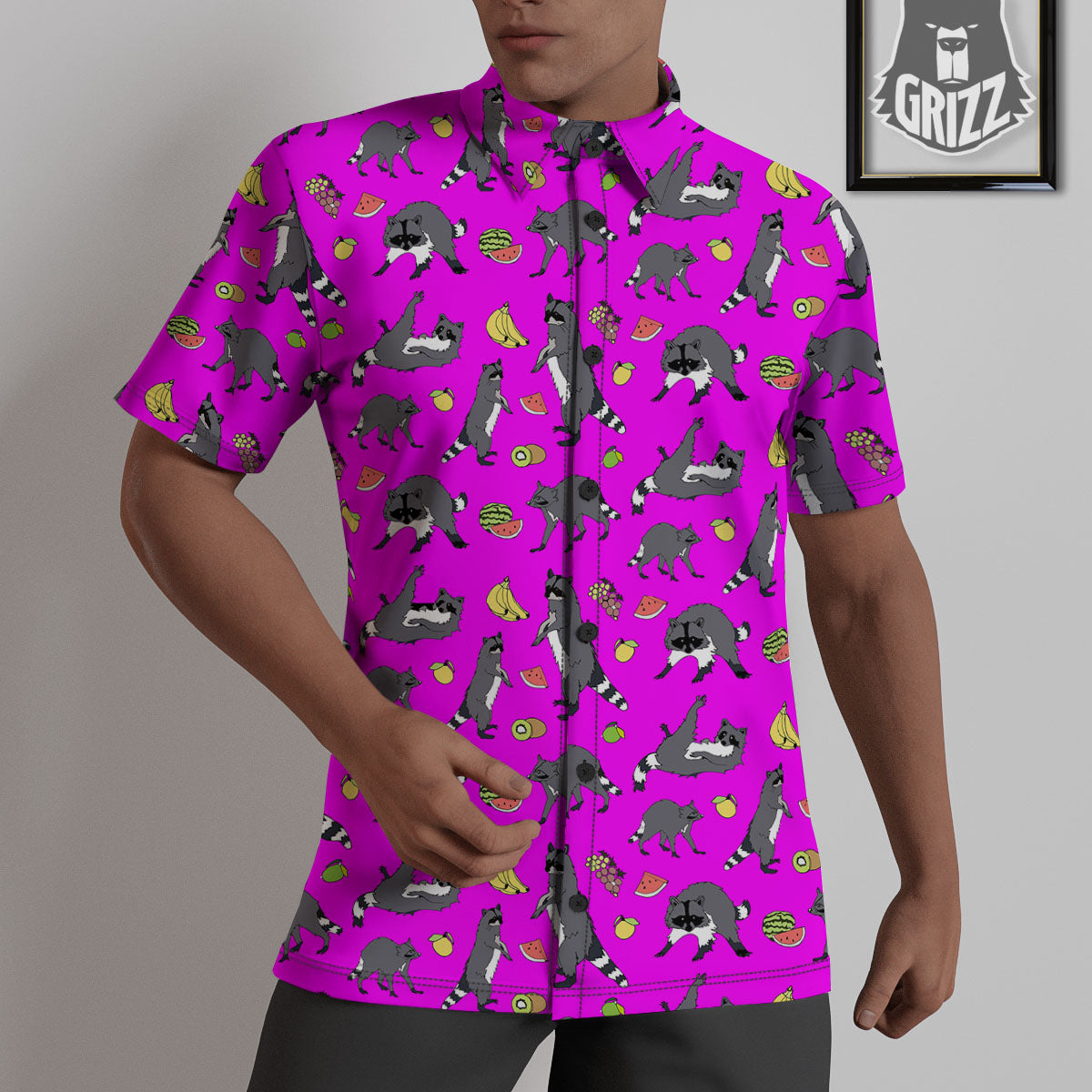 Fruit And Raccoon Print Pattern Untucked Shirts-grizzshop