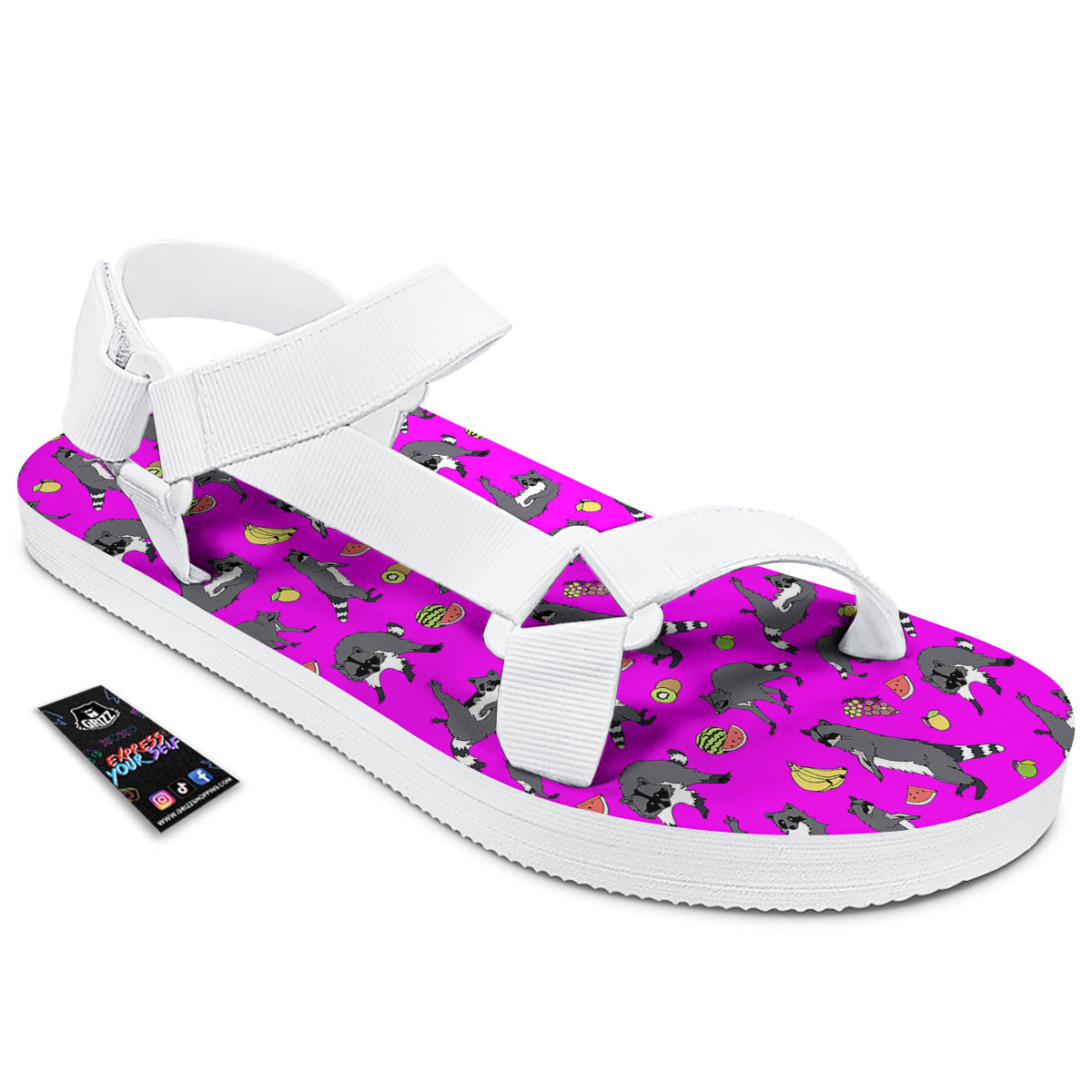 Fruit And Raccoon Print Pattern White Open Toe Sandals-grizzshop