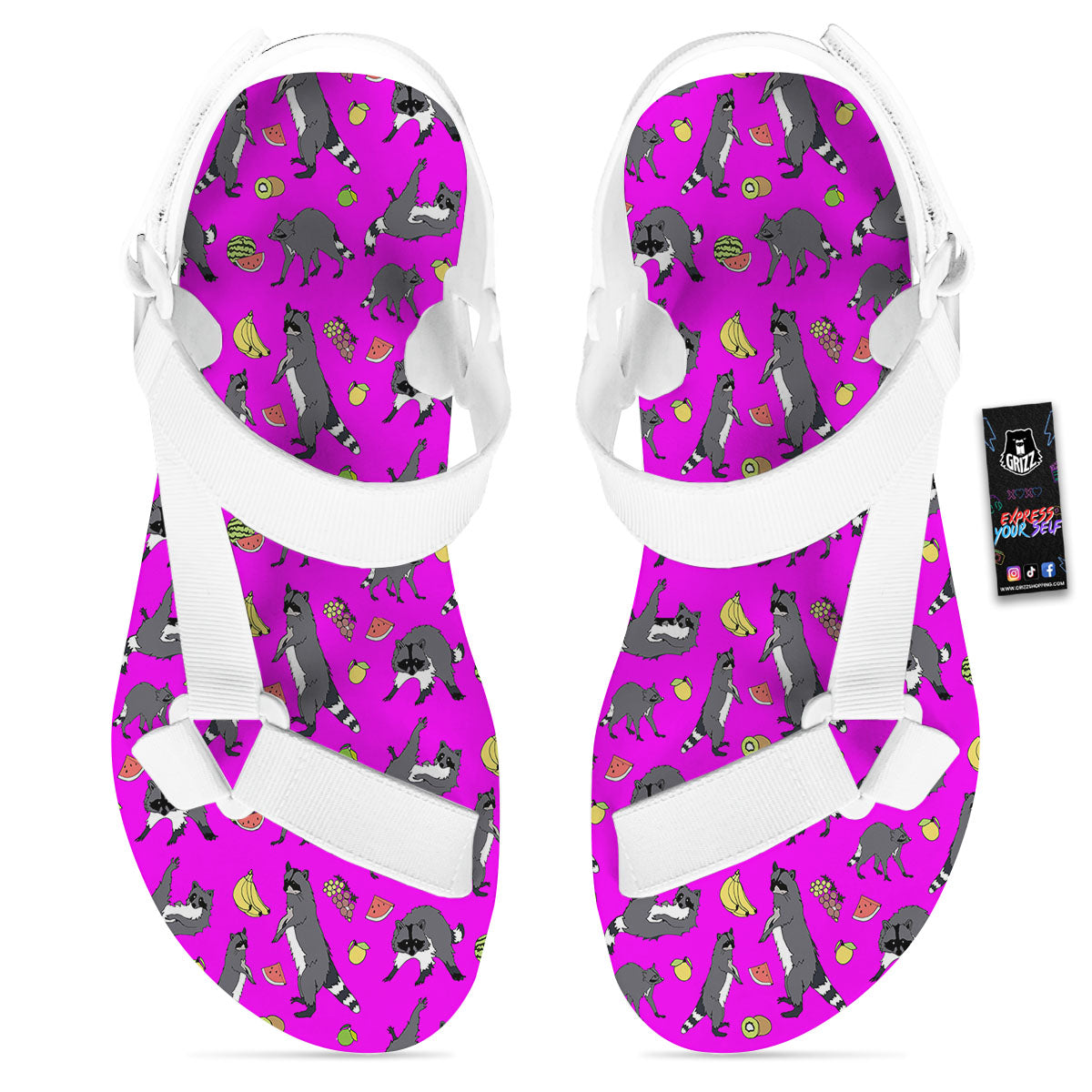 Fruit And Raccoon Print Pattern White Open Toe Sandals-grizzshop