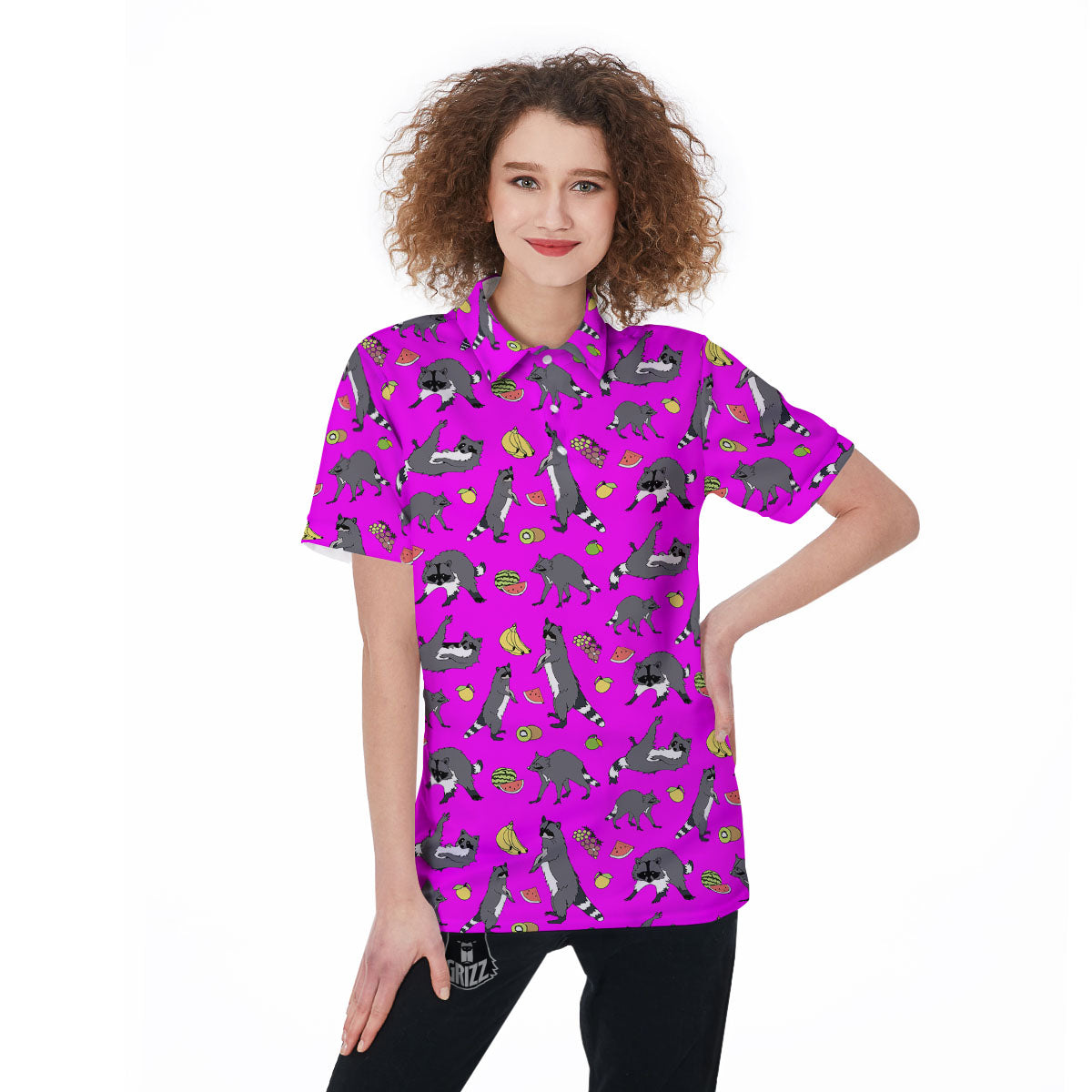 Fruit And Raccoon Print Pattern Women's Golf Shirts-grizzshop