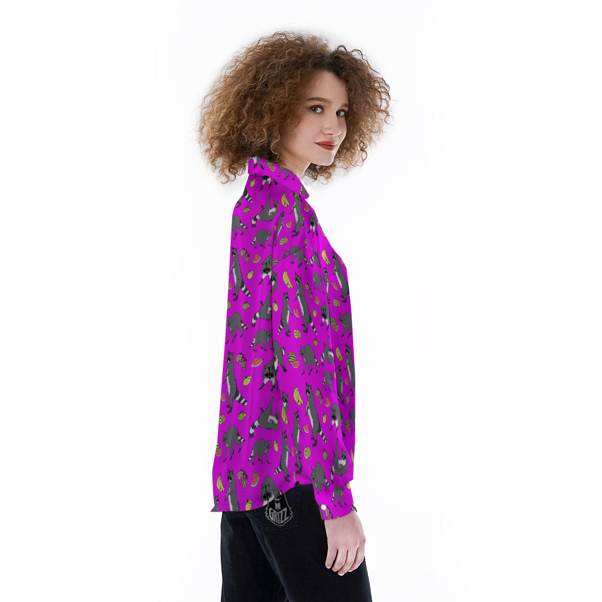 Fruit And Raccoon Print Pattern Women's Long Sleeve Shirts-grizzshop