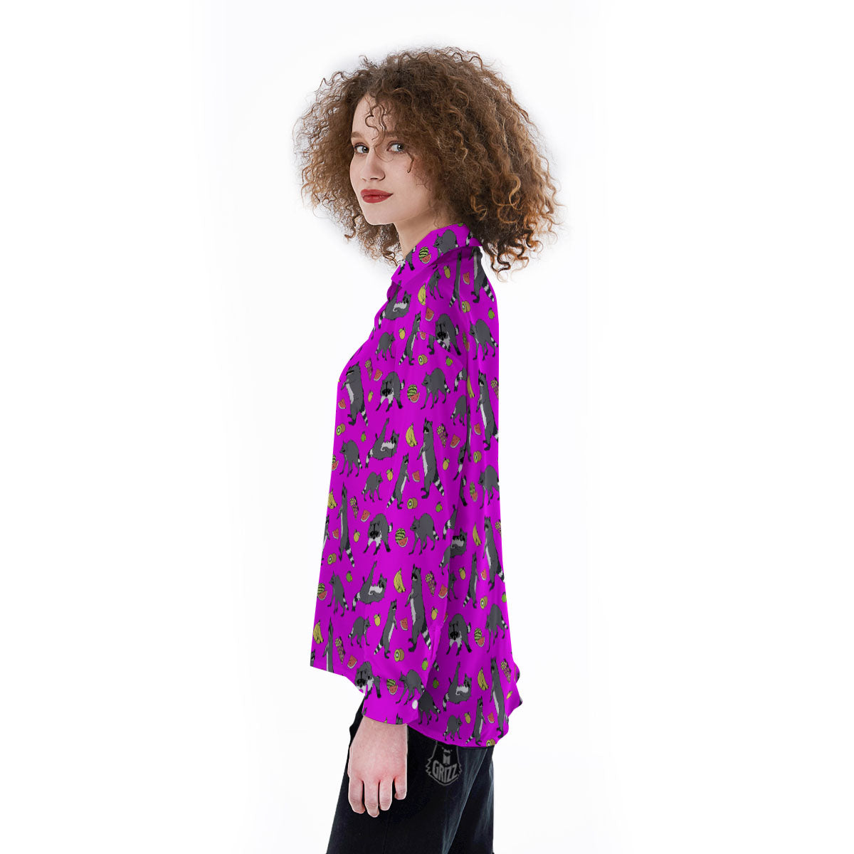 Fruit And Raccoon Print Pattern Women's Long Sleeve Shirts-grizzshop