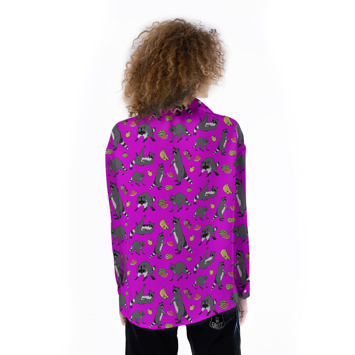 Fruit And Raccoon Print Pattern Women's Long Sleeve Shirts-grizzshop