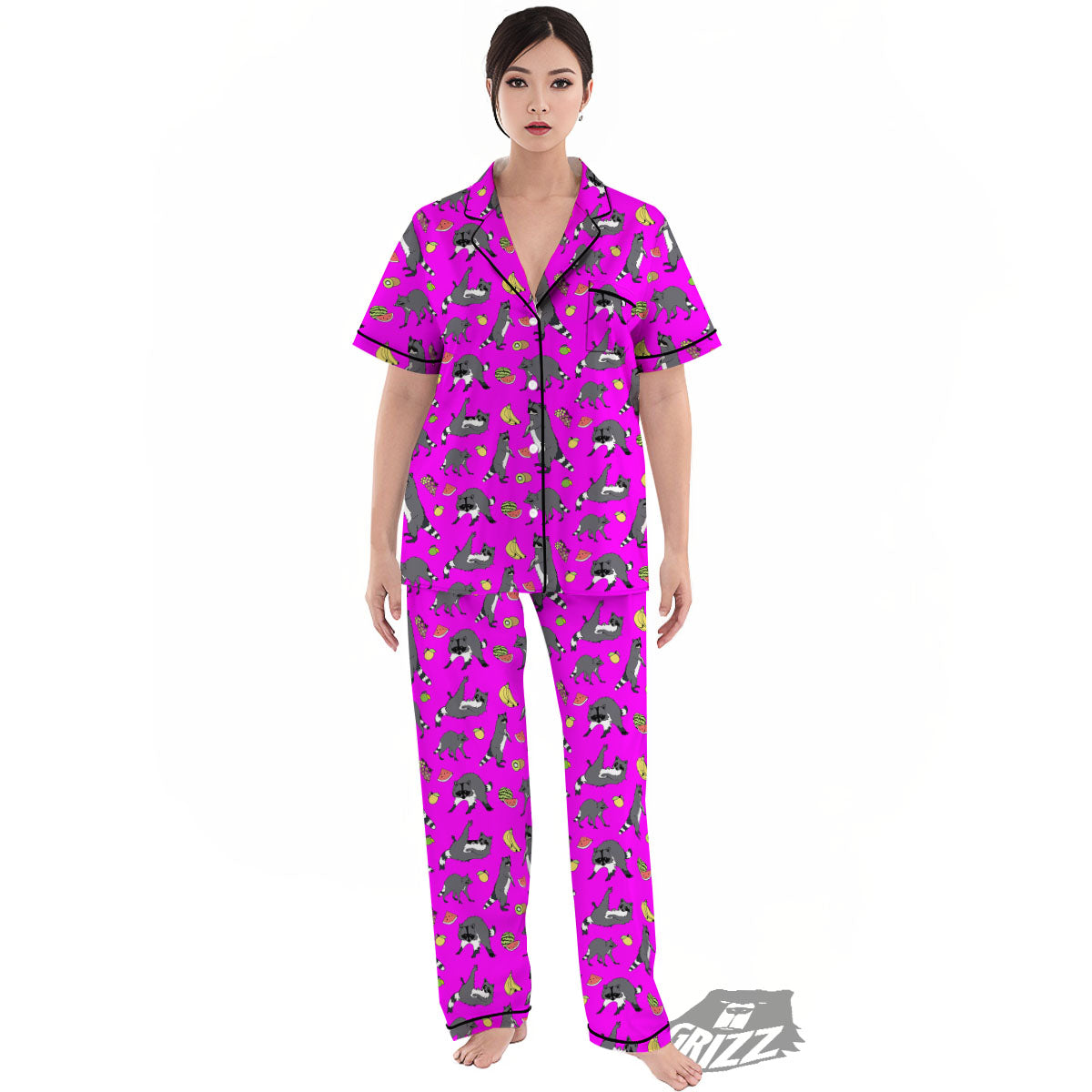Fruit And Raccoon Print Pattern Women's Pajamas Set-grizzshop