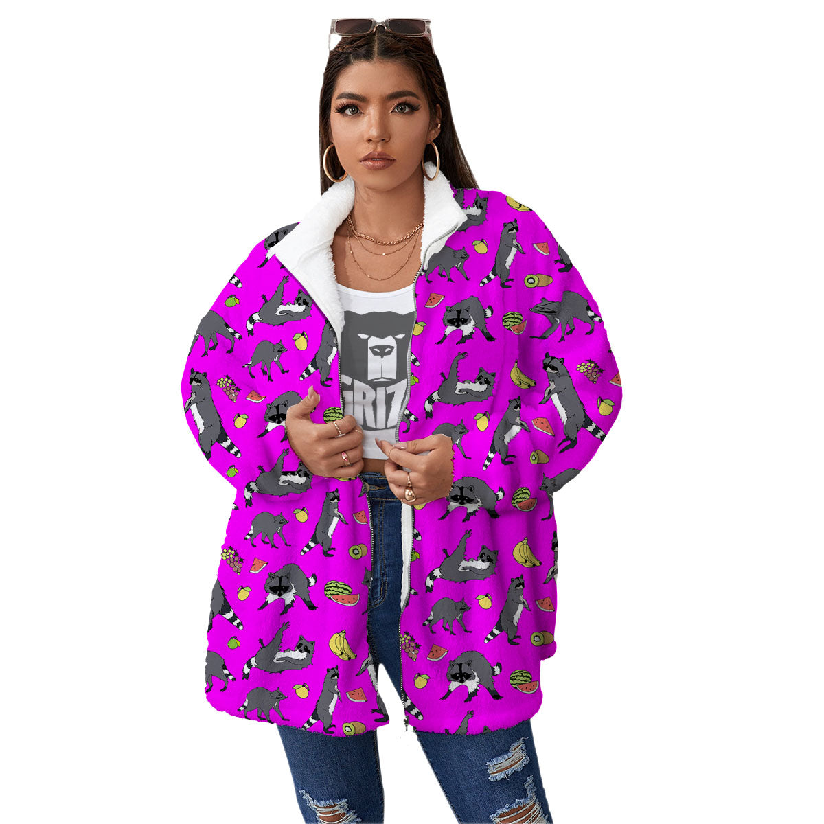 Fruit And Raccoon Print Pattern Women's Sherpa Jacket-grizzshop