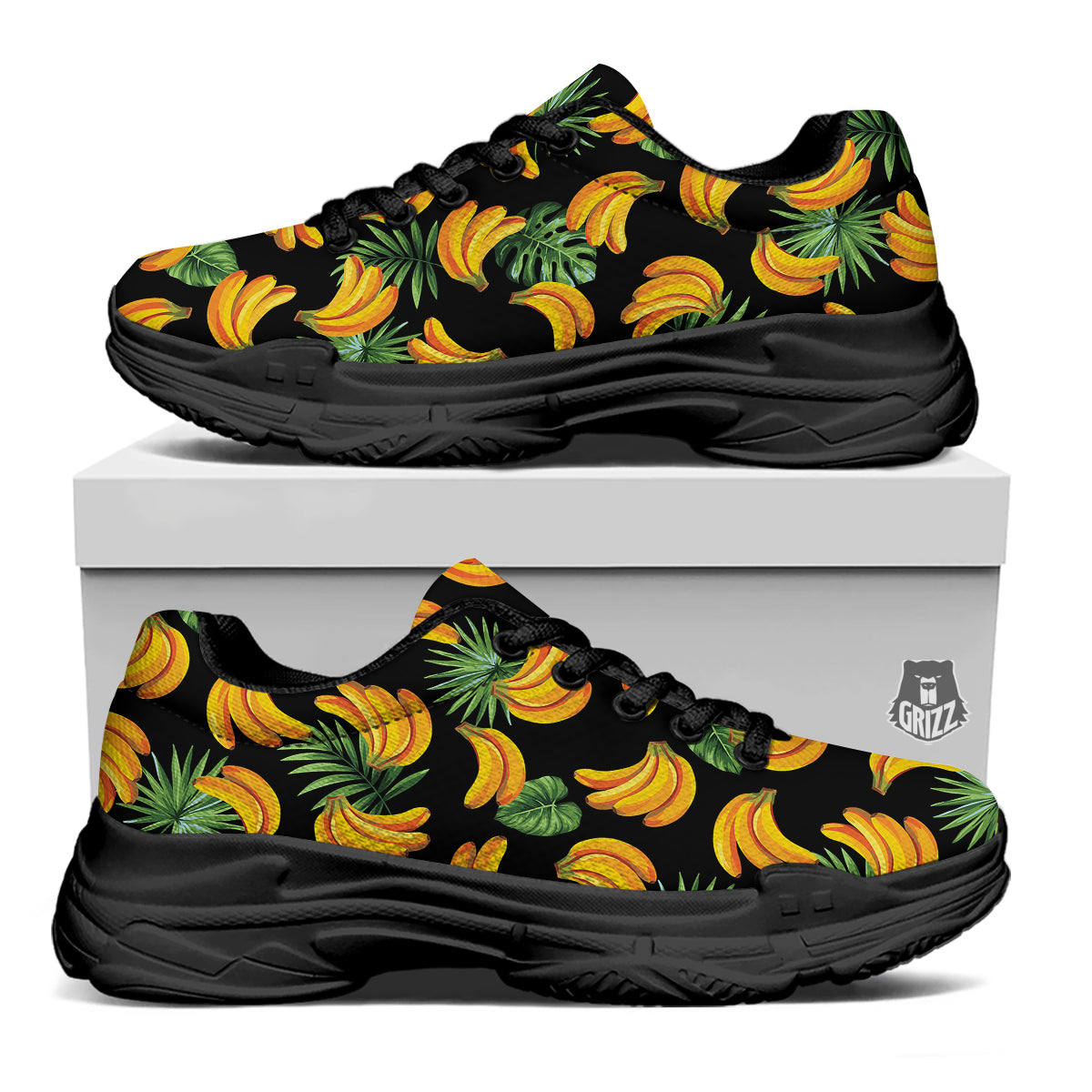 Fruit Banana Print Pattern Black Chunky Shoes-grizzshop